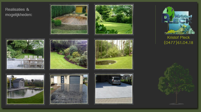 Realisaties en mogelijkheden: houten terras, grasvelden, terras met tuinmeubelen, borders, vijver, zwemvijver, opritten in klinkers en natuursteen.