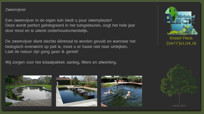 Zwemvijver: puur zwemplezier in de eigen tuin, perfect geintegreerd in het tuingebeuren en uiterst onderhoudsvriendelijk. Totaalpakket: aanleg, filters en afwerking.